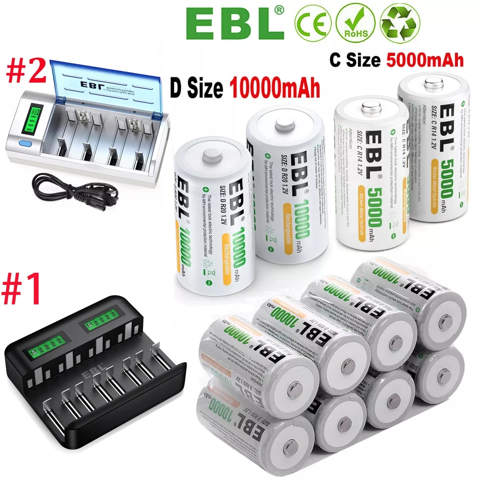 Lot 1.2V D Cell , C Cell Size Rechargeable Batteries  NiMH /Optional Charger - Image 1 of 4