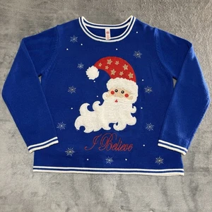 Weihnachtspullover Damen Gr. L (12-14) Weihnachtsmann royalblau Strick dehnbar - Bild 1 von 8