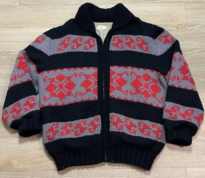 Suéter de Lana Tejido Cowichan Vintage Raro Años 40 Tema Nativo Azteca Rojo Negro Usado en Excelente Condición Foto 1 de 4