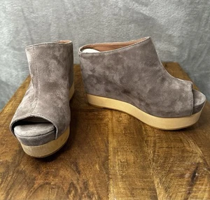 Jeffrey Campbell Virgo Gray Suede Wedge Mules 6 Peep Toe Platform Summer Shoes - Picture 1 of 22
