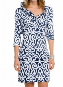 Vestido para mujer Gretchen Scott azul blanco arabesco cuello con volantes talla S manga 3/4 - Imagen 1 de 10