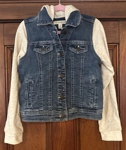 Tucker + Tate Denim Hoodie Jacke Mädchen Größe 8 bunte Herz Grafik auf dem Rücken - Bild 1 von 16