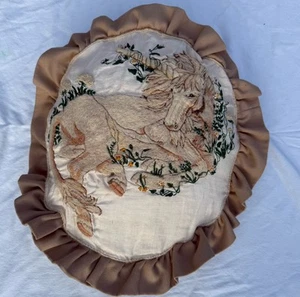 Vintage UNICORN Crewel Needlepoint Throw Pillow Removable Pillow Case MCM Brown - Picture 1 of 8