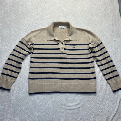 Vineyard Vines 套衫毛衣女式 L 米色带蓝色条纹 V 领休闲 — 第 1/4 张图片