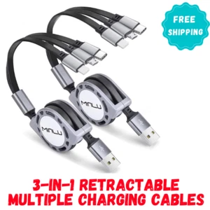 Cable de carga múltiple 3A MINLU paquete de 2 4 pies 3 en 1 cable USB retráctil carga rápida - Imagen 1 de 6