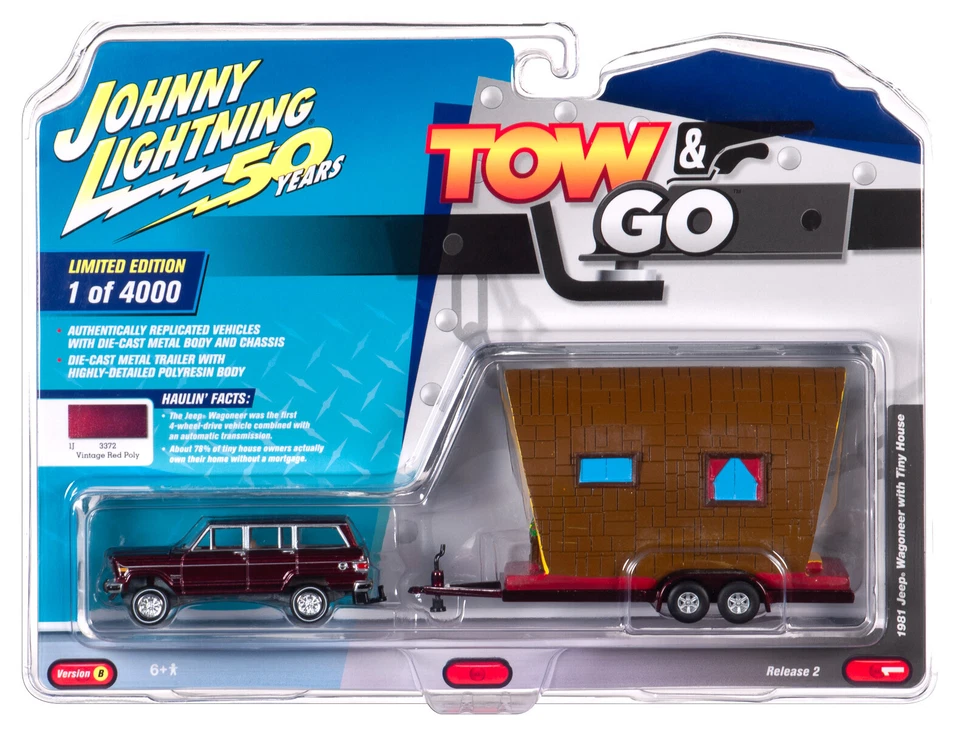 Johnny Lightning *TOW & GO 2B* DEEP RED 1981 Jeep Wagoneer & TINY HOUSE NIP! - Image 1 of 1