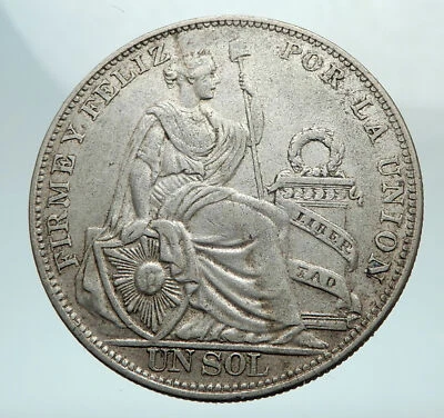 1924 PERU South America 1 SOL Antique BIG Original Silver Peruvian Coin i80319 - Image 1 of 3