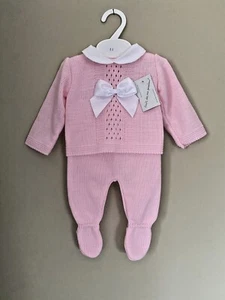 NEWBORN GIRL SPANISH KNITTED OUTFIT & BONNET BABY GIRLS PINK BOW PRAM GIFT SET - Picture 1 of 6
