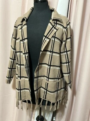 Adrienne Vittadini Mujer’s 2X Cárdigan Abierto Negro Tostado Bolsillos Flecos Foto 1 de 4