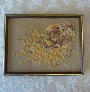 Atq Silk hand stitch embroidered Blonde French Lady embroidery floral Framed Vtg - Picture 1 of 12