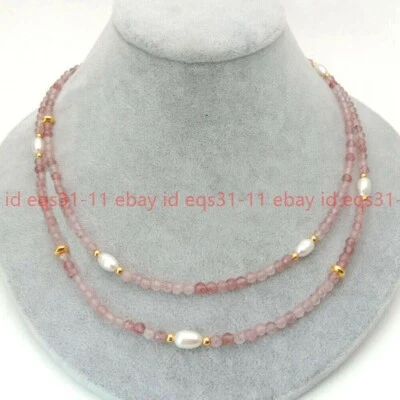 Collar de perlas de arroz blanco de cuarzo rosa facetado de 2 filas de 4 mm de 6-7 mm 17-18"" AA Foto 1 de 4