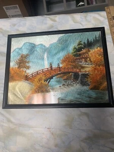 Vintage Art Of Silk Embroidery Waterfall Japan Mountain Bridge - Picture 1 of 10