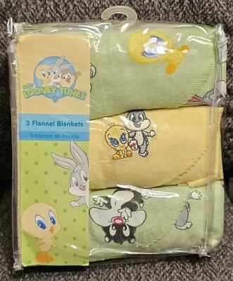 Vintage 3 Flannel Blankets Baby Looney Tunes 1 Embroidered 2 Printed Receiving - Image 1 of 2