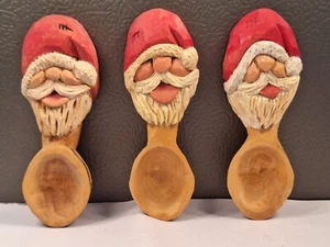 Santa Wood Spoons Set Of 3 Handcrafted 4.5" Holiday Serving Signed - Picture 1 of 8