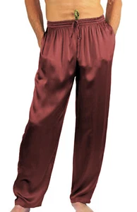 Silk Pajama Pants Men's Small PJ Long Bottoms with Pockets Burgundy Sleepwear - Picture 1 of 3