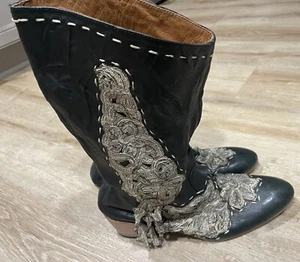 Pan E Tulipani Black leather Booties Cowboy Lace Boots Italy EUR 39 - Picture 1 of 6