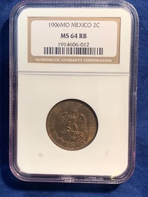 MEXICO ESTADOS UNIDOS 1906  2 CENTAVOS COIN CERTIFIED UNCIRCULATED NGC MS64-RB - Image 1 of 4