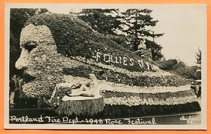 Portland, OR, Fire Department Float 1948 Rose Festival Real Photo Post Card - Picture 1 of 3