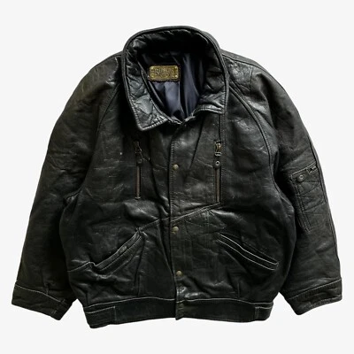 Vintage 90s Men's Redskins Black Leather Utility Jacket, Biker Pilot Military - Image 1 of 4