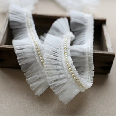 3 M Lace Beaded Ruffles Pleated Mesh Edging Faux Pearl Bead Trimming Frill Sew - Image 1 of 4