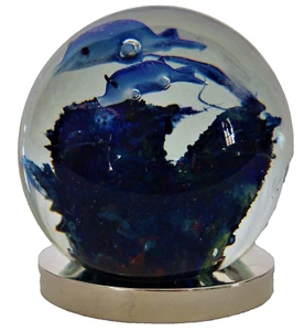 Handblown Art Glass Ocean Paperweight 2 Blue Dolphins Multicolor Art Deco Style - Picture 1 of 8