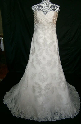 Casablanca Bridal Wedding Dress 8-10 Champagne Strapless Lace Silver Embroidery - Image 1 of 4