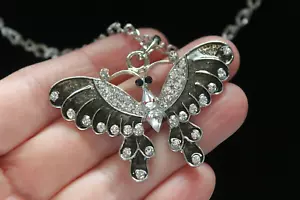 Vintage Enameled Butterfly with Faceted Rhinestones Pendant & Chain Combo - Picture 1 of 8