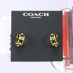 NWOT Coach Pegged C Black Enamel Huggie Earrings Gold Tone - Picture 1 of 5