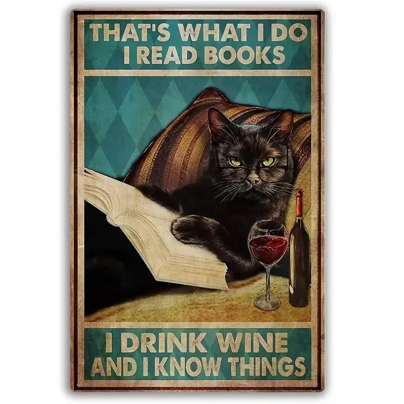 Letrero metálico gato con vino y libros 27-302 Foto 1 de 1