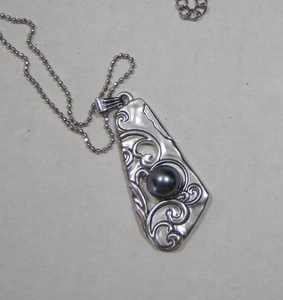 Unique Artisan Abstract Scrollwork Pendant Faux Blue Pearl Silvertone Ball Chain - Picture 1 of 3