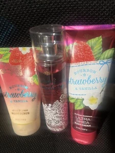 Bath & Body Works ORIGINAL BOURBON STRAWBERRY FRAGRANCE, BODY CREAM & SCRUB TRIO - Picture 1 of 1