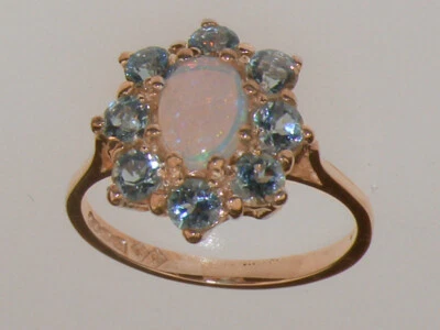 14k Rose Gold Natural Opal & AAA Aquamarine Womens Cluster Ring - Sizes 4 to 12 - Image 1 of 4