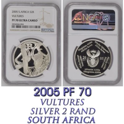 VULTURES 2005 South Africa SILVER PROOF 2 rand PF 70 ngc Birds of Prey R2 PR 70 - Image 1 of 3
