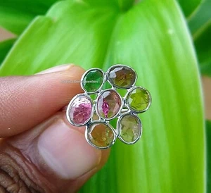 Anillo Flor Multi-Turmalina Plata de Ley 925 Talla 6 EE. UU., Anillo de Regalo - Imagen 1 de 9