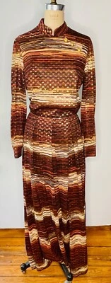 VTG NANCY GREER BROWN GOLD METALLIC STRIPE PRINT POP ART HOSTESS MAXI DRESS*M - Image 1 of 4