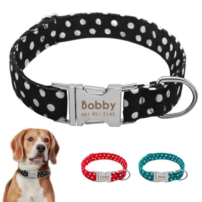 Cute Polka Dots Personalised Dog Collar Metal Name ID Tag Engraved Adjustable  - Image 1 of 4