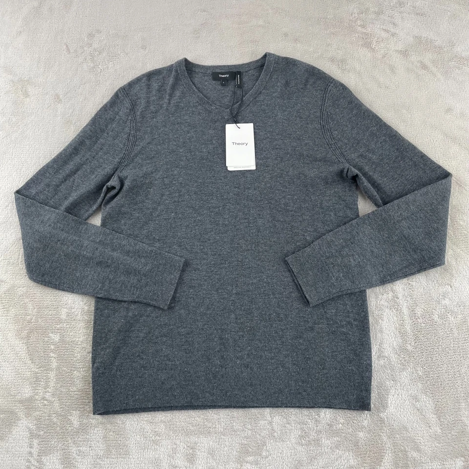 Suéter masculino Theory Riland gola V grande carvão merino lã pulôver novo com etiquetas - Imagem 1 de 4