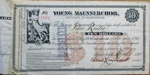 Certificado Bond 'Young Maennerchor' 1885 - Sociedad de Canto/Música - Filadelfia, Pensilvania - Imagen 1 de 1