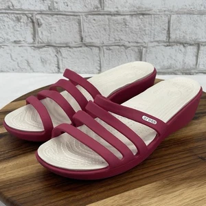 Crocs Rhonda Mujer Talla Sandalias sin cordones de cuña rosa blanco con 10 tiras - Imagen 1 de 12