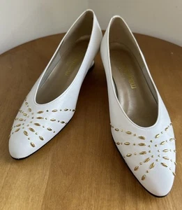 Magdesians White Leather Heels Gold Studded Accents Low Heel Pumps Size 8M - Picture 1 of 24