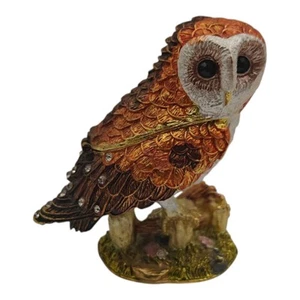 Goldtone Metalic Rhinestone Porcelain Owl Bird Figurine Trinket Box On Branch - Picture 1 of 9