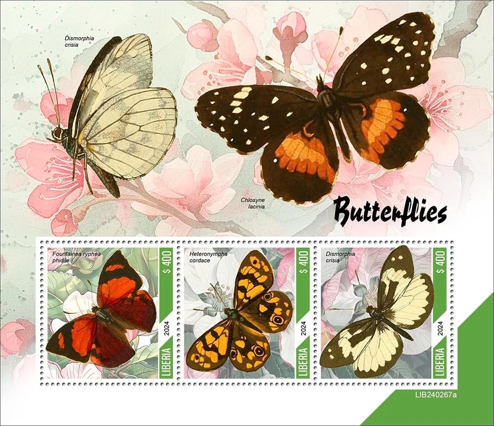 Selos de borboletas sem marca de charneira 2024 Libéria M/S - Imagem 1 de 1