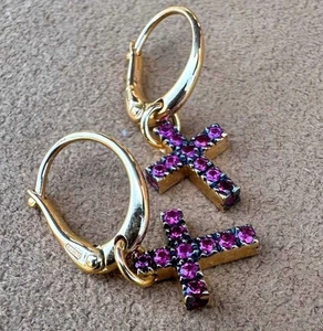 Pomellato Ruby 18k Rose Gold Glory Cross Hoop Huggie Dangle Earrings 23mm Length - Picture 1 of 5