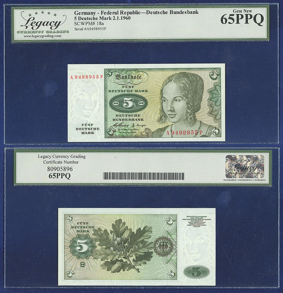 ALEMANIA 5 MARCOS 1960 GEMA GRADUADA UNC 65 PPQ por LCG 18a Foto 1 de 1