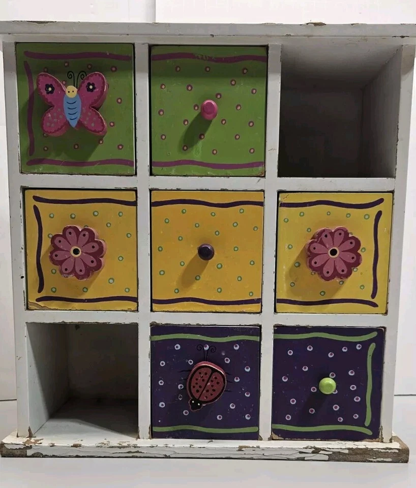 Caja de Almacenamiento 9 Cajones Madera Blanco Multicolor Patrón Floral y Perillas Bichos VER FOTOS Foto 1 de 4