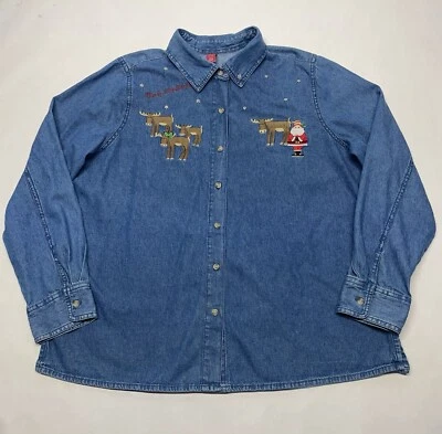 Camisa De Colección Denim Navidad Bordada Papá Noel Reno Abotonada Talla XL Foto 1 de 4