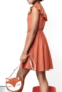 Girl's L Knit Works Dress Eyelet Terracotta Orange Ruffle Neck Sleeveless - Picture 1 of 7
