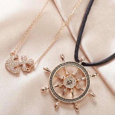 18K Rose Gold Filled CZ Cord Nautical Anchor Ships Wheel Double Layer Necklace - Image 1 of 4
