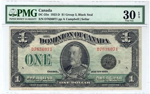 1923 Dominion of Canada $1 Note - Campbell/Sellar, Black Seal, Grp 3 - PMG Grade - Picture 1 of 2