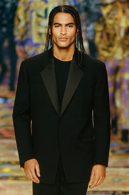 GIANNI VERSACE Italia Años 90 Vintage Borde Satinado Largo Blazer Abrigo Chaqueta 50 IT L 40 Foto 1 de 4